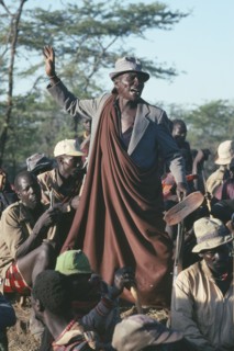 UGANDA, Karamoja, Dodoth warriors meeting to discuss potential attack by enemy tribes its