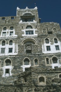 YEMEN, Thulla, Angled view looking up at traditional architecture