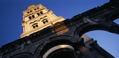CROATIA, Split, Angled view looking up the bell tower of the Cathedral of St Domnius