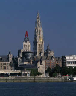 BELGIUM, Flemish Region, Antwerp, Cathedral of Notre Dame from across the River Scheldt with the