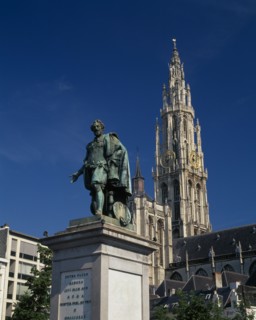 BELGIUM, Flemish Region, Antwerp, Cathedral of Notre Dame with statue of the seventeenth century