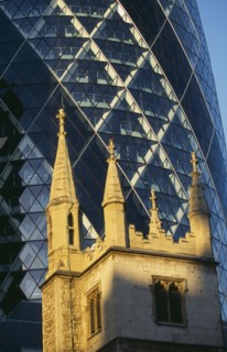 ENGLAND, London, View of the Swiss Re Tower 30 St Mary Axe designed by Sir Norman Foster