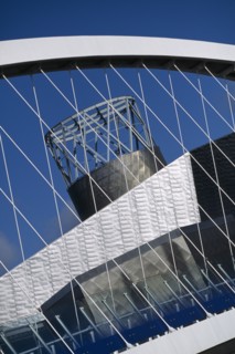 ENGLAND, Manchester, Exterior view of the Lowry Arts Centre seen through the footbridge