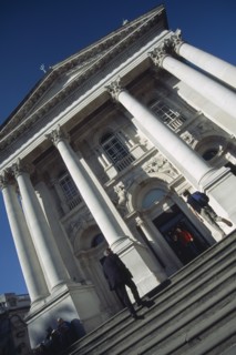 ENGLAND, London, Angled view looking up the steps toward the columned facade of the Tate Britain