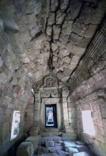 CAMBODIA, Angkor, Interior view of Ta Prohm 12th century Temple ruins