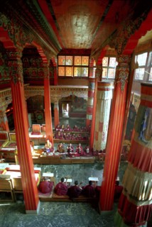 INDIA, Sikkim, Rumtek Gompa, View looking down on Pujar ceremony and the making of a spiritual