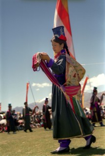 INDIA, Ladakh, Dancer at the 14th Dalai Lamas birthday celebrations