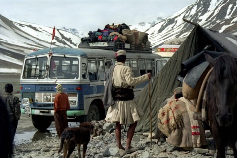 INDIA, Ladakh, Bus at a camp stop on the road from Leh to Manali which is the second highest