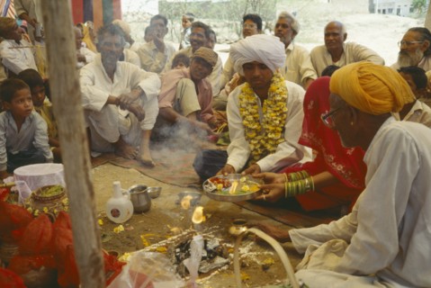 INDIA, Rajasthan, Udaipur, Puja meaning respect offering or prayers forming part of a memorial