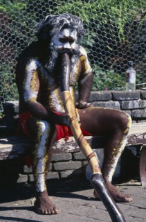 AUSTRALIA, New South Wales, Blue Mountains, Aborigine man with a didgeridoo busking for money at