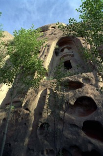 CHINA, Gansu, Zhangye, Angled view looking up at section of the Mati sa Temple built in to the