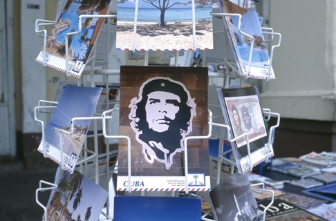 CUBA, , Close up of a rack of post cards depicting Che Guevara