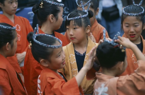 JAPAN, Chiba, Tako, 10-12 year old girls called tekomae in traditional costume during July Gion