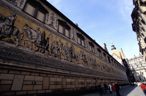 GERMANY, Sachsen, Dresden, View along Fursten Zug a long elaborate mural depicting a train of kings