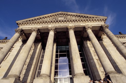GERMANY, Berlin, Angled view looking up at the Reichstag columned facade