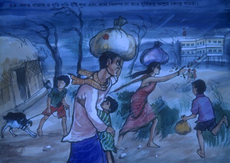 BANGLADESH, Weather, Cyclone poster depicting cartoon figures evacuating