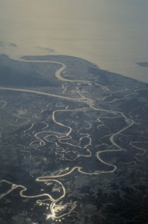 BANGLADESH, Ganges Delta, Aerial view over meandering river and tributaries.