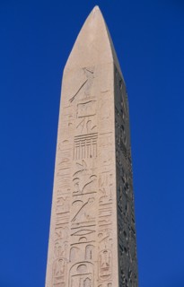 EGYPT, Nile Valley, Karnak, Precinct of Amun.  Hatshepsut obelisk with relief carving and