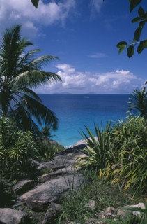 SEYCHELLES, Fregate Island, View through rocks and foliage toward the turquoise sea with islands of