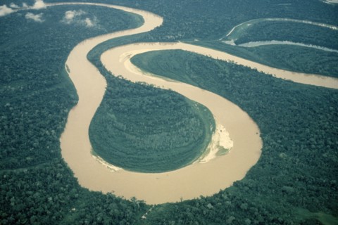 PERU, Rio Ucalyali, Aerial view of s bends in river between Pucatipa and Rio Santiago through north