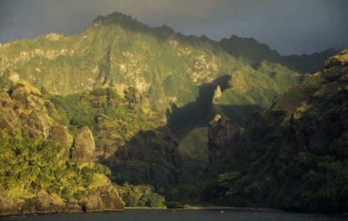 PACIFIC ISLANDS, Polynesia, Marquesas Islands, Fatu Hiva Island.  Landscape near Hanavave at sunset