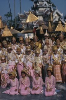 MYANMAR, Religion, Buddhism, Shwedagon Pagoda.  Initiation of novices at the Shinpyu ceremony.