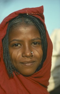 SUDAN, Tribal People, Portrait of a young Eritrean woman with scarified cheeks and a nose ring