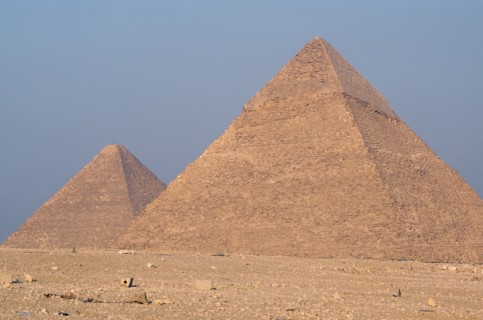 EGYPT, Cairo Area, Giza, Great Pyramid of Cheops or Khufu partly seen behind Pyramid of Chephren