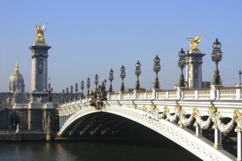 FRANCE, Ile de France, Paris, View along the edge of the Pont Alexandre III that was built between