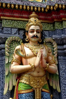 SINGAPORE, Central, Chinatown, Sri Mariamman Temple. Detail of brightly coloured Hindu carving