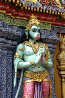 SINGAPORE, Central, Chinatown, Sri Mariamman Temple. Detail of brightly coloured Hindu carving