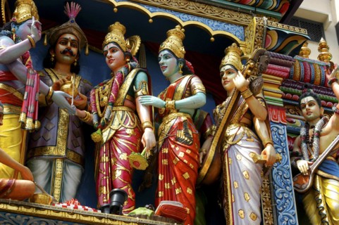 SINGAPORE, Central, Chinatown, Sri Mariamman Temple. Detail of brightly coloured Hindu carvings