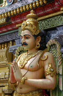 SINGAPORE, Central, Chinatown, Sri Mariamman Temple. Detail of brightly coloured Hindu carving