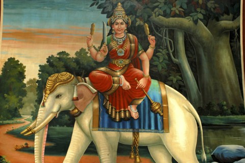 SINGAPORE, Central, Chinatown, Sri Mariamman Temple. Detail of brightly coloured Hindu painting