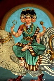 SINGAPORE, Central, Chinatown, Sri Mariamman Temple. Detail of brightly coloured Hindu painting