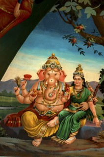 SINGAPORE, Central, Chinatown, Sri Mariamman Temple. Detail of brightly coloured Hindu painting