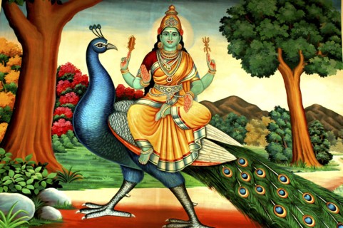 SINGAPORE, Central, Chinatown, Sri Mariamman Temple. Detail of brightly coloured Hindu painting