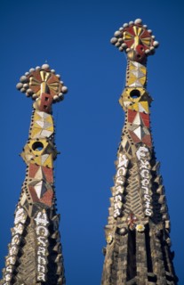 SPAIN, Catalonia, Barcelona, La Sagrada Familia unfinished church designed by Gaudi.  Detail of two