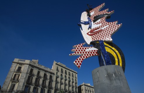 SPAIN, Catalonia, Barcelona, Colourful modern sculpture with mosaic detail.  Traditional