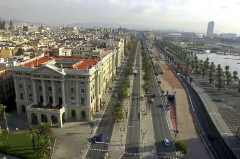SPAIN, Catalonia, Barcelona, View over road and city skyline