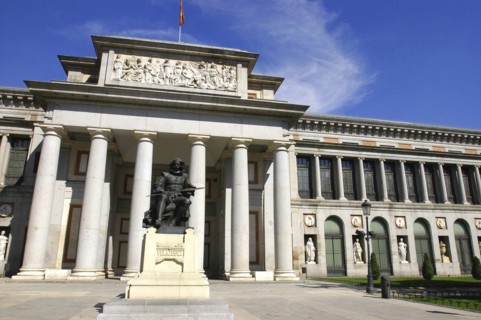 SPAIN, Madrid, Prado Museum columned entrance with statue outside