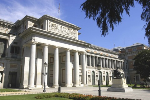 SPAIN, Madrid, Prado Museum columned entrance with statue outside