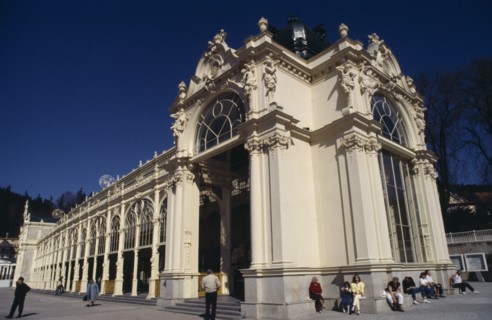 CZECH REPUBLIC, West Bohemia, Marienbad, Exterior of spa with arched windows colonnade and multiple