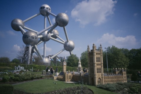 BELGUIM, Brabant, Brussels, Model of Houses of Parliament with Atomium behind.