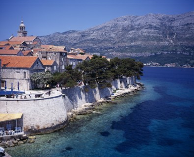 CROATIA, Korcula Island, Korcula, View over coastal town fortified with 13th century walls