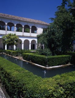 SPAIN, Andalucia, Granada, The Alhambra. Generalife Gardens. Jardin de Sultana with fountains and