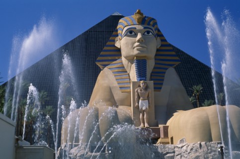 USA, Nevada, Las Vegas, The Luxor Hotel exterior with entrance through life size replica of the