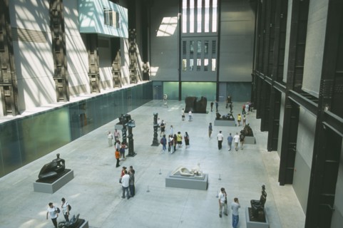 ENGLAND, London, Tate Modern. View over the Old Turbine Hall with modern sculpture exhibits