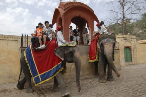 INDIA, Rajasthan, Jaipur, Japanese tourists taking elephant ride with mounting platform behind them