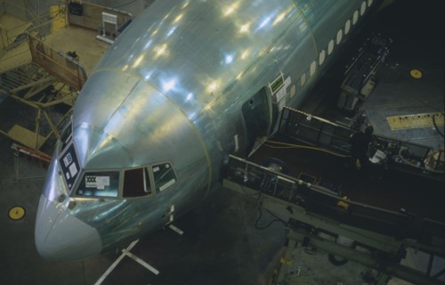 USA, Washington, Everett, Boeing 767 airliner under construction at the main assembly building.